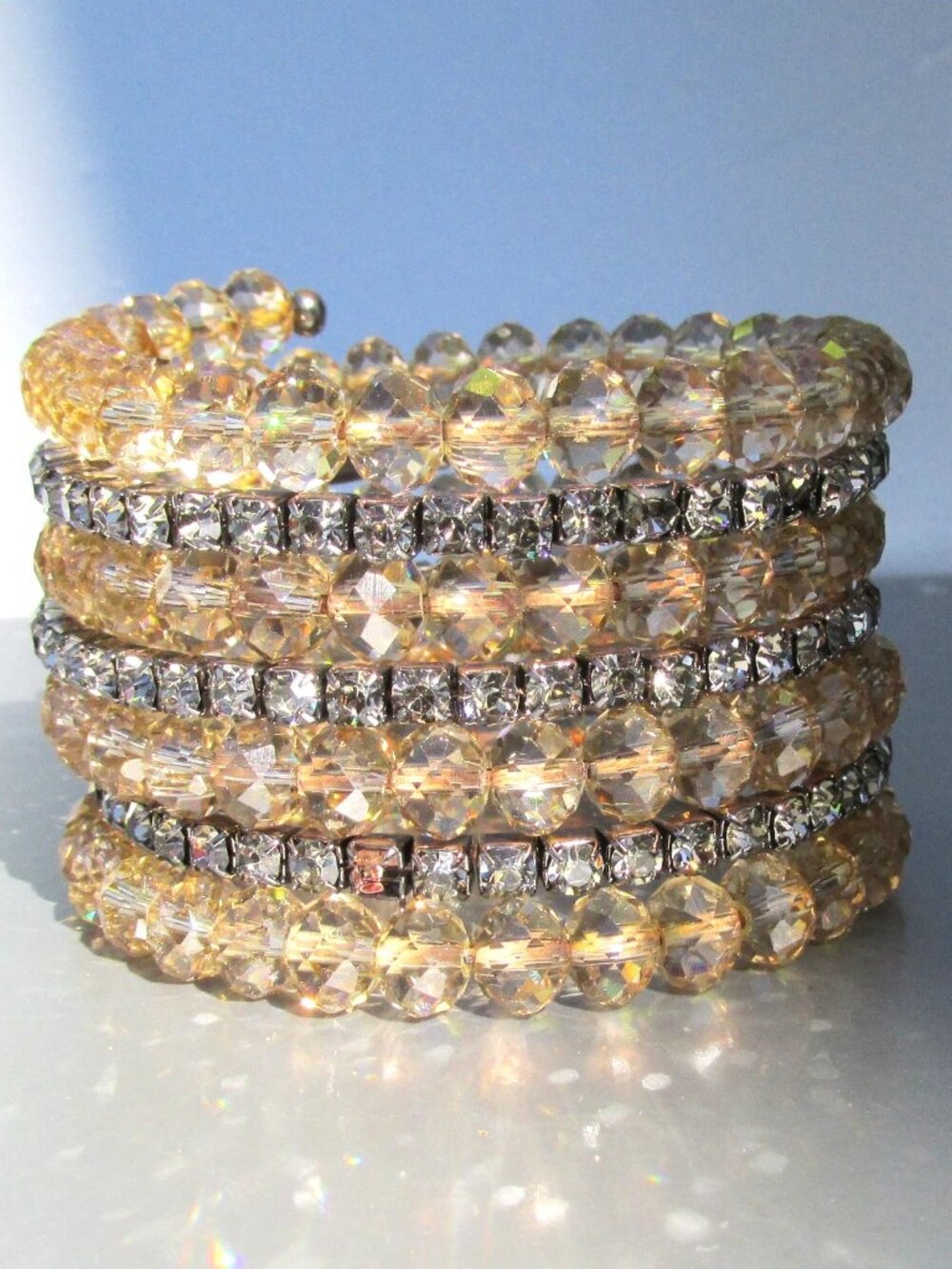 Vintage Multi Strand Crystal Bead Rhinestone Memory Wire Wrap Bracelet